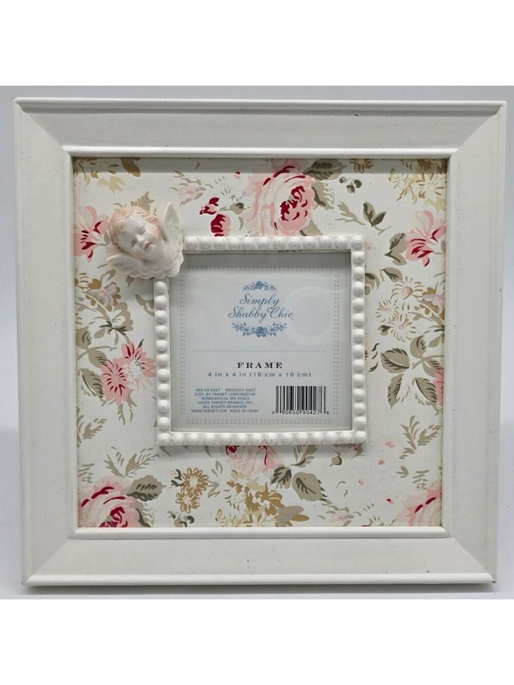 Simply Shabby Chic White 4"x4" Photo Frame With Floral Background & Angel Accent
